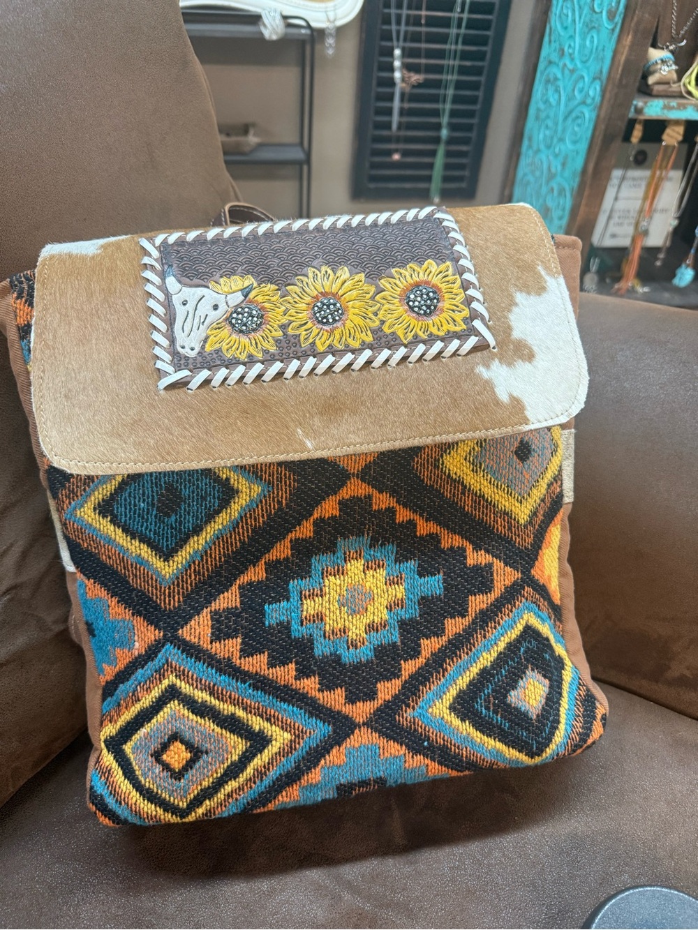 Sunflower Tooled Leather Accent Aztec Pattern Backpack - Brown/Blue/Yellow